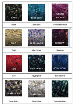 A grid of 13 sequined fabric swatches, each labeled by color like Black, Fuchsia/Fuchsia, Gold, and Rainbow, displays dazzling options for the Mermaid Prom Dress with Bow: Jessica Angel 2598—perfect for making a bold statement.