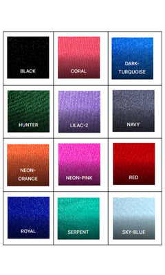 A chart shows twelve fabric color swatches for the Strappy-Back Long Prom Dress: Jessica Angel 2499, labeled black, coral, dark-turquoise, hunter, lilac-2, navy, neon-orange, neon-pink, red, royal, serpent, and sky-blue.