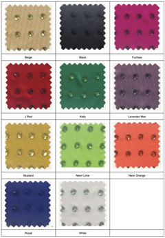 Eleven evenly spaced crystal-embellished jersey fabric swatches for Jessica Angel dresses in shades like Beige, Black, Fuchsia, J Red, Kelly, Lavender Mist, Mustard, Neon Lime, Neon Orange, Royal, and White.