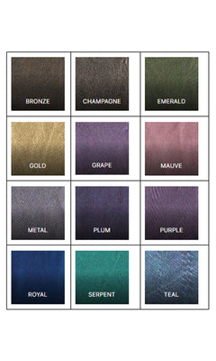 A chart displays fabric swatches in 12 colors—perfect for the Jessica Angel 2425 Asymmetrical Long Formal Dress—including bronze, champagne, emerald, gold, grape, mauve, metal, plum, purple, royal, serpent, and teal.