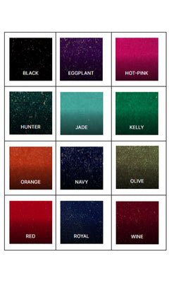 A grid of 12 color swatches—Black, Eggplant, Hot-Pink, Hunter, Jade, Kelly, Orange, Navy, Olive, Red, Royal, and Wine—for choosing your Strapless Velvet Prom Gown: Jessica Angel 2629.