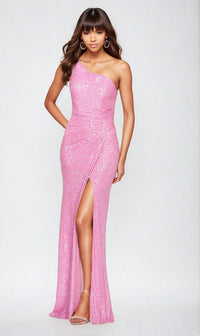 La Femme-Neon Pink One Shoulder Long Sequin Prom Dress