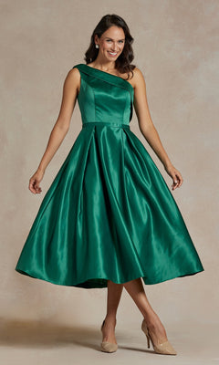 A woman wears the One-Shoulder Simple Tea-Length Party Dress JE931 in emerald green with a flared skirt and beige heels, standing against a neutral background.