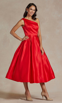 A woman poses against a neutral backdrop wearing the One-Shoulder Simple Tea-Length Party Dress JE931 in bright red, featuring a flared skirt, paired with nude high heels.
