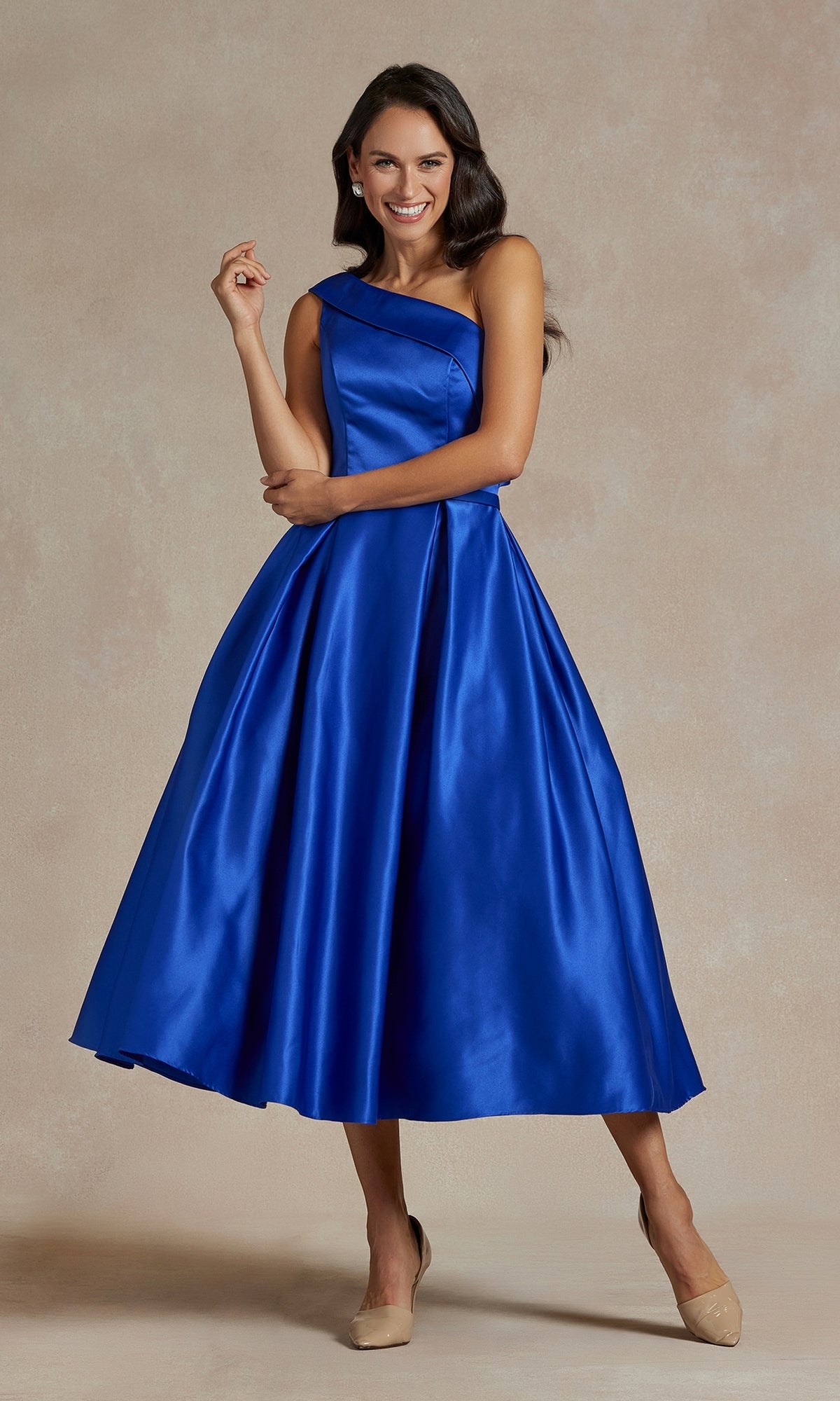 Simple One-Shoulder Tea-Length Party Dress - PromGirl