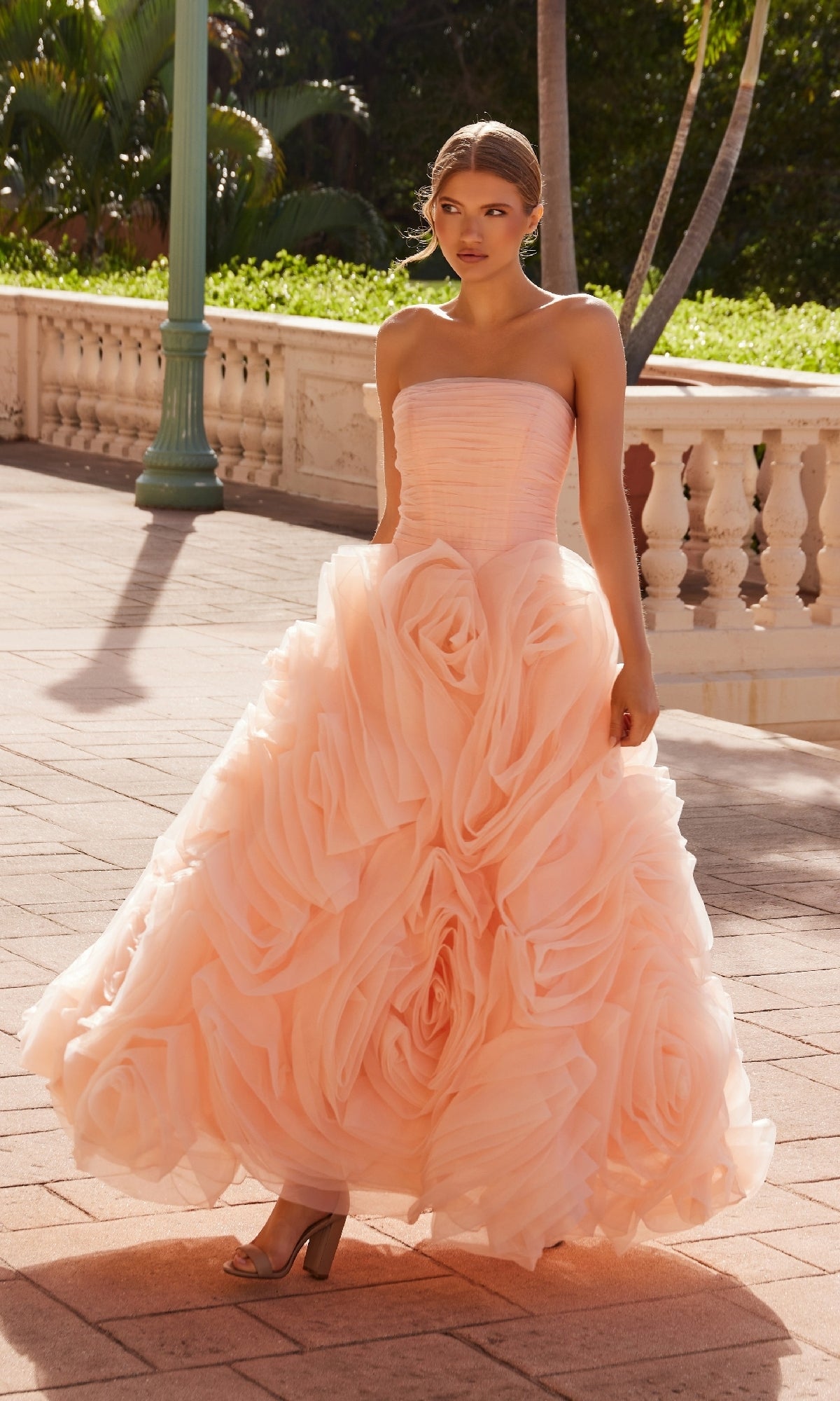 Lace-Up Strapless Long Peach Prom Dress with Rosettes Peach / 8