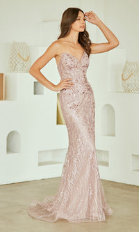 Woman wearing a sparkly pink evening gown in a minimalistic setting