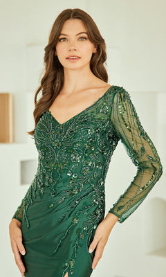 Woman wearing a green evening gown with intricate detailing on a white background
