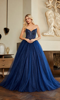 Amelia Couture JQ1104 strapless, floor-length navy blue ball gown with a beaded corset bodice and a full glitter tulle skirt.