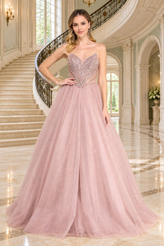 The Amelia Couture JQ1104 strapless prom ball gown in dusty rose features a sequined corset bodice and a full glitter tulle skirt.