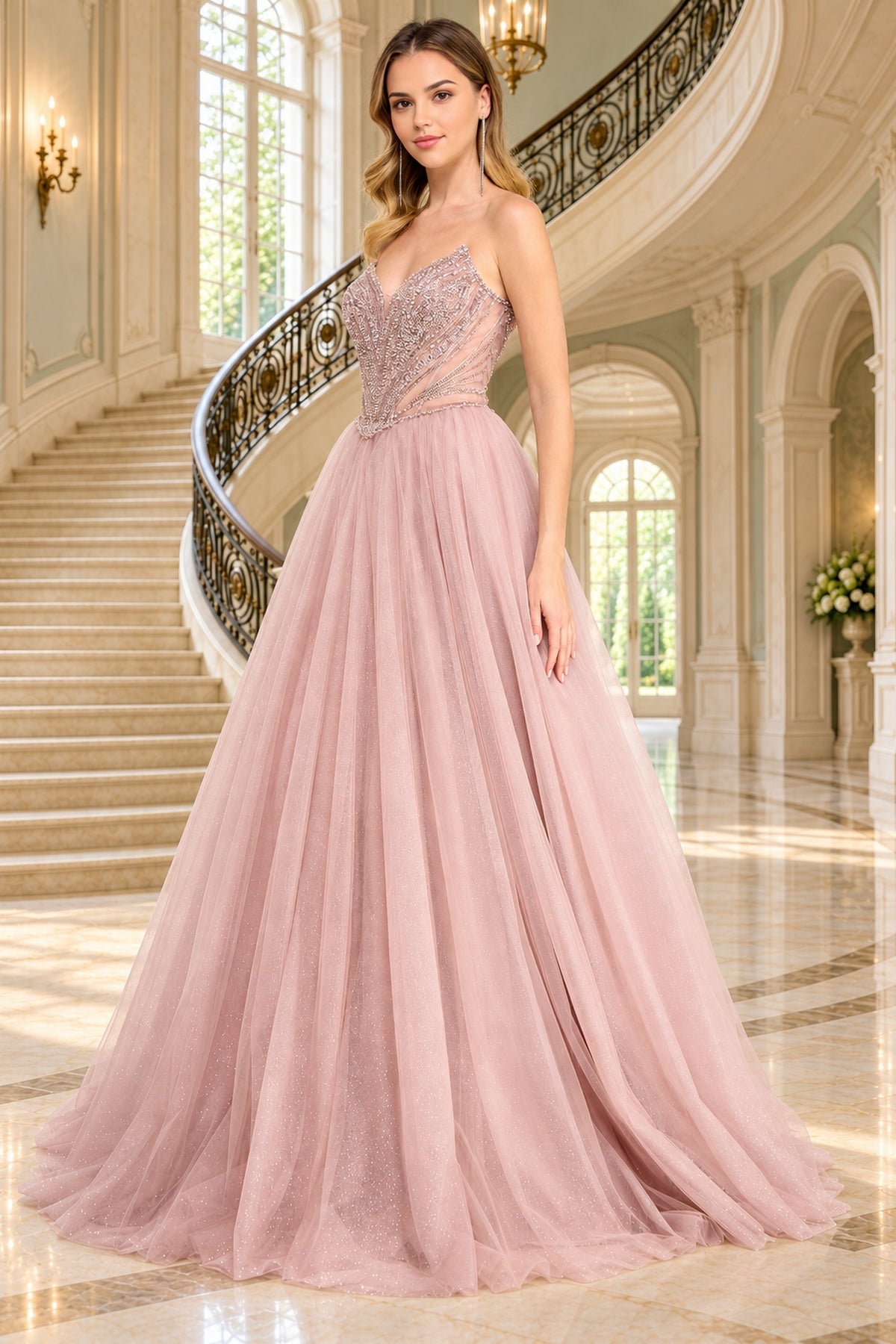The Amelia Couture JQ1104 is a strapless, dusty rose ball gown with a beaded corset bodice and a full, glitter tulle skirt.