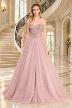 The Amelia Couture JQ1104 is a strapless, floor-length dusty pink ball gown featuring a beaded corset bodice and a full, shimmering glitter tulle skirt.