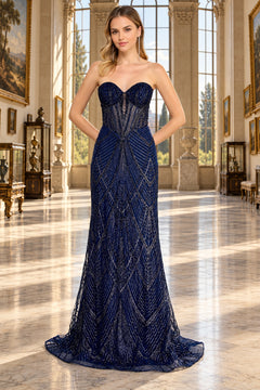 Amelia Couture JQ1107 is a strapless navy blue corset prom dress with a floor-length silhouette, sweetheart neckline, and intricate vertical beaded patterns.