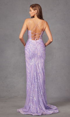 A woman models the Juliet JT2473R— a long lilac sequin prom dress with spaghetti straps and a lace-up back— against a plain gray background.