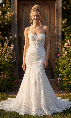 A woman stands outdoors in front of a wooden door, surrounded by flowers and greenery, wearing the Long Formal Dress: Juliet JT2666SW in Off White—a strapless bridal gown with intricate beaded lace, a fitted bodice, and a dramatic mermaid skirt.