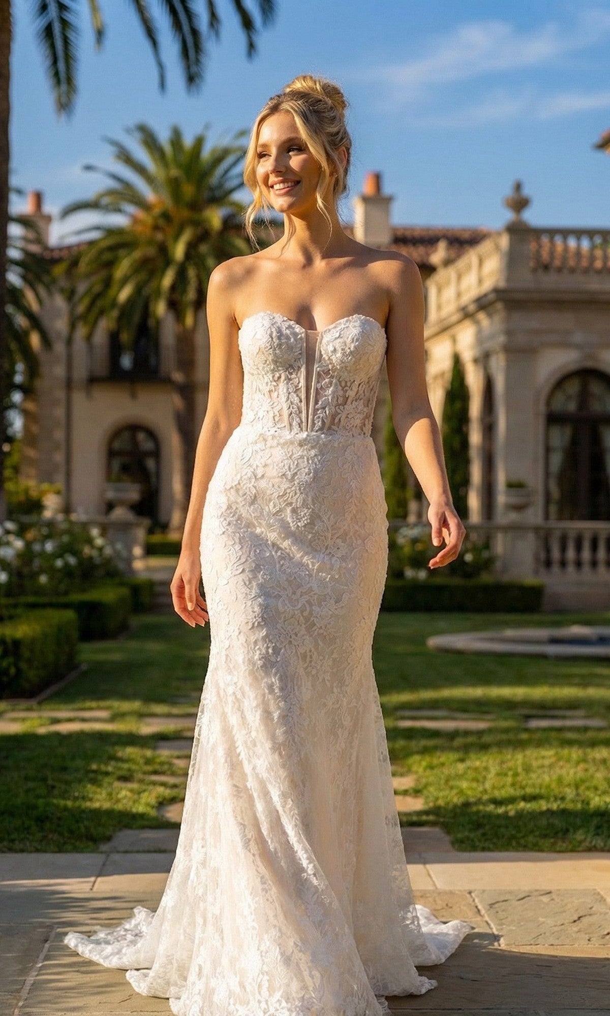 A woman wearing the Long Formal Dress: Juliet JT2667SW in nude stands outdoors in front of a large, elegant building with palm trees in the background.