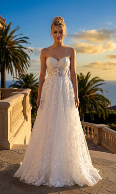 An elegant woman in the Juliet JT2670SW Long Prom Dress in Off White, featuring a strapless lace design and sweetheart neckline, stands on a stone terrace at sunset with palm trees and the ocean behind her.