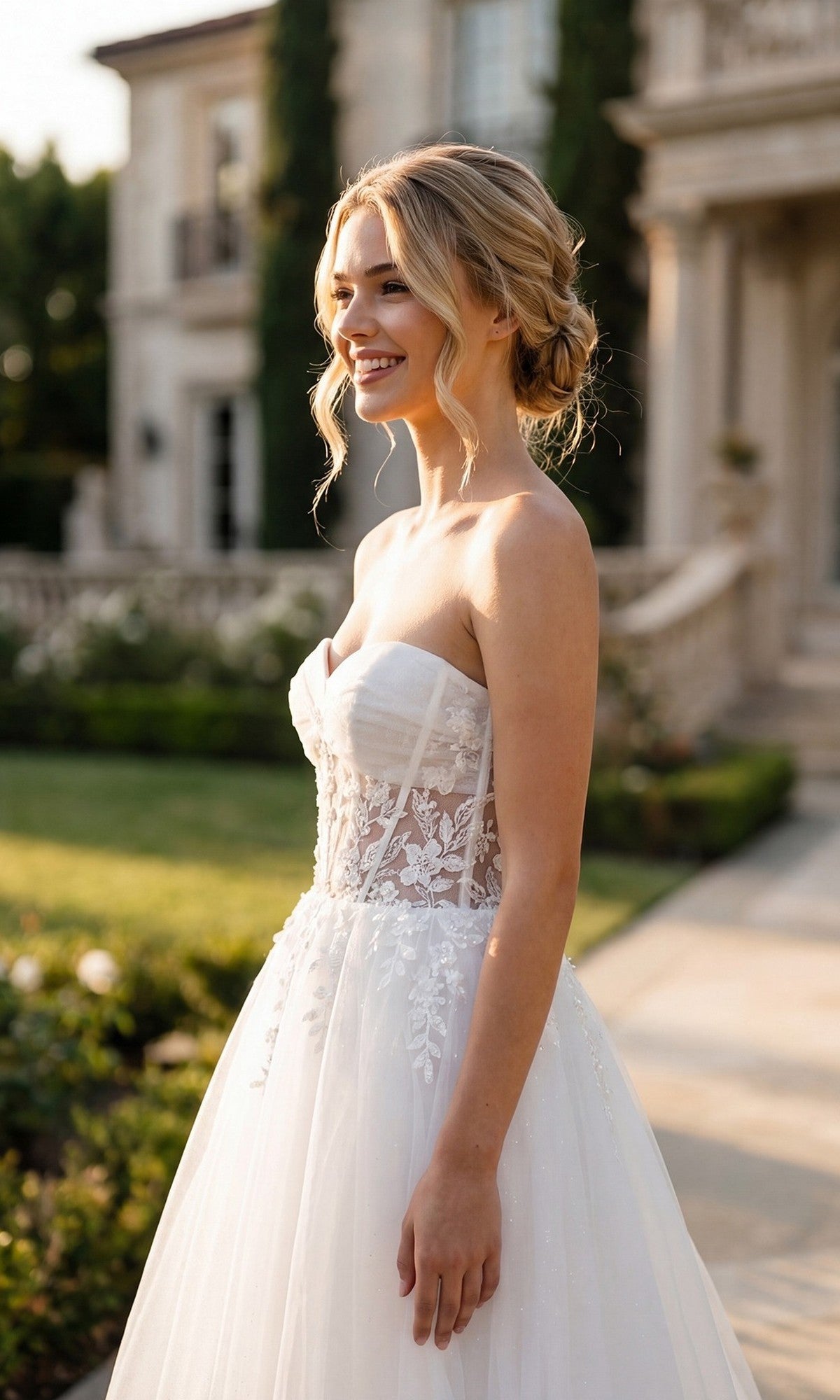 A woman stands outside in sunlight, smiling in front of a mansion and garden, wearing the Long Prom Dress: Juliet JT2702AW—a white strapless gown featuring floral lace corset details.