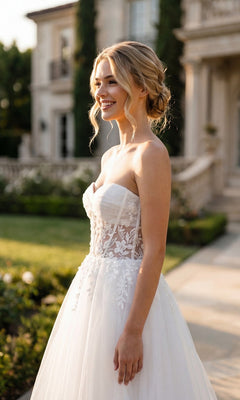 A woman stands outside in sunlight, smiling in front of a mansion and garden, wearing the Long Prom Dress: Juliet JT2702AW—a white strapless gown featuring floral lace corset details.