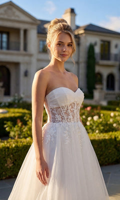 A woman wearing the Long Prom Dress: Juliet JT2702AW—featuring a white strapless design with a sheer floral lace corset bodice—stands outdoors in front of a large, elegant house and garden.