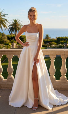Off-white strapless Juliet 82885C formal evening gown with a sweetheart neckline and a high front slit.