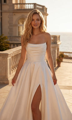 A woman stands on a terrace wearing the Long Formal Dress: Juliet 82885C, an off-white, strapless floor-length evening gown with a high side slit.