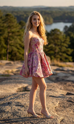 Wearing the Short Homecoming Dress: Juliet JT7156H, a woman in heeled sandals stands on a rocky surface outdoors, with trees and water in the background.