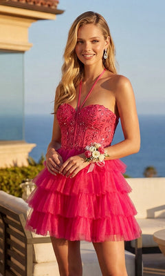 Young woman stands by the ocean in the fuchsia Sheer-Corset Short Ruffled Hoco Dress JT923S, featuring an embroidered corset bodice, holding a corsage with city buildings in the background.