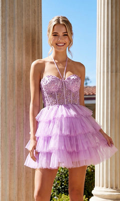 A young woman smiles outdoors in front of columns wearing the lilac Sheer-Corset Short Ruffled Hoco Dress JT923S with a corset-style bodice and halter straps, perfect as a semi-formal party dress.