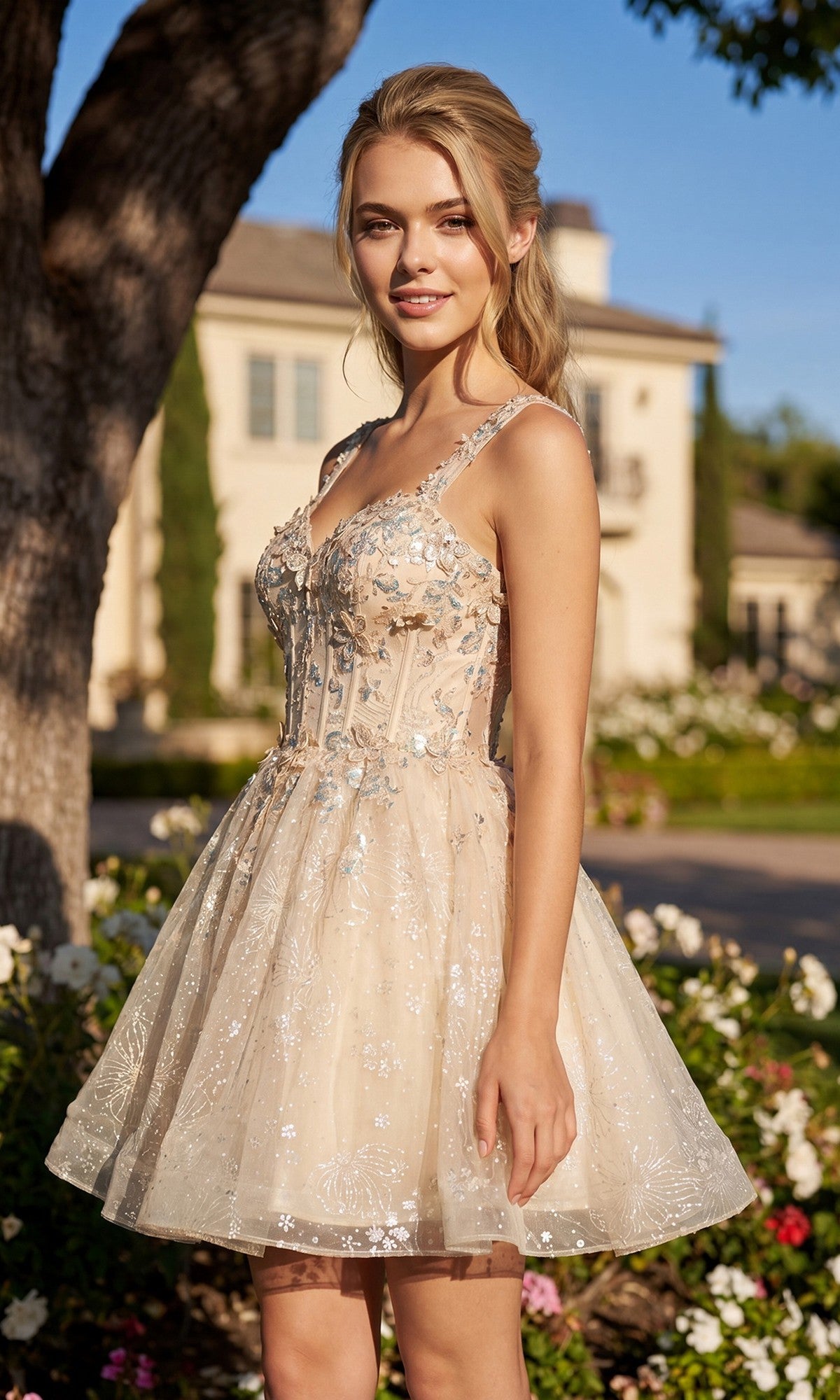Lace-Up Short Pastel Homecoming Dress with Beads Bahama Blue / 12