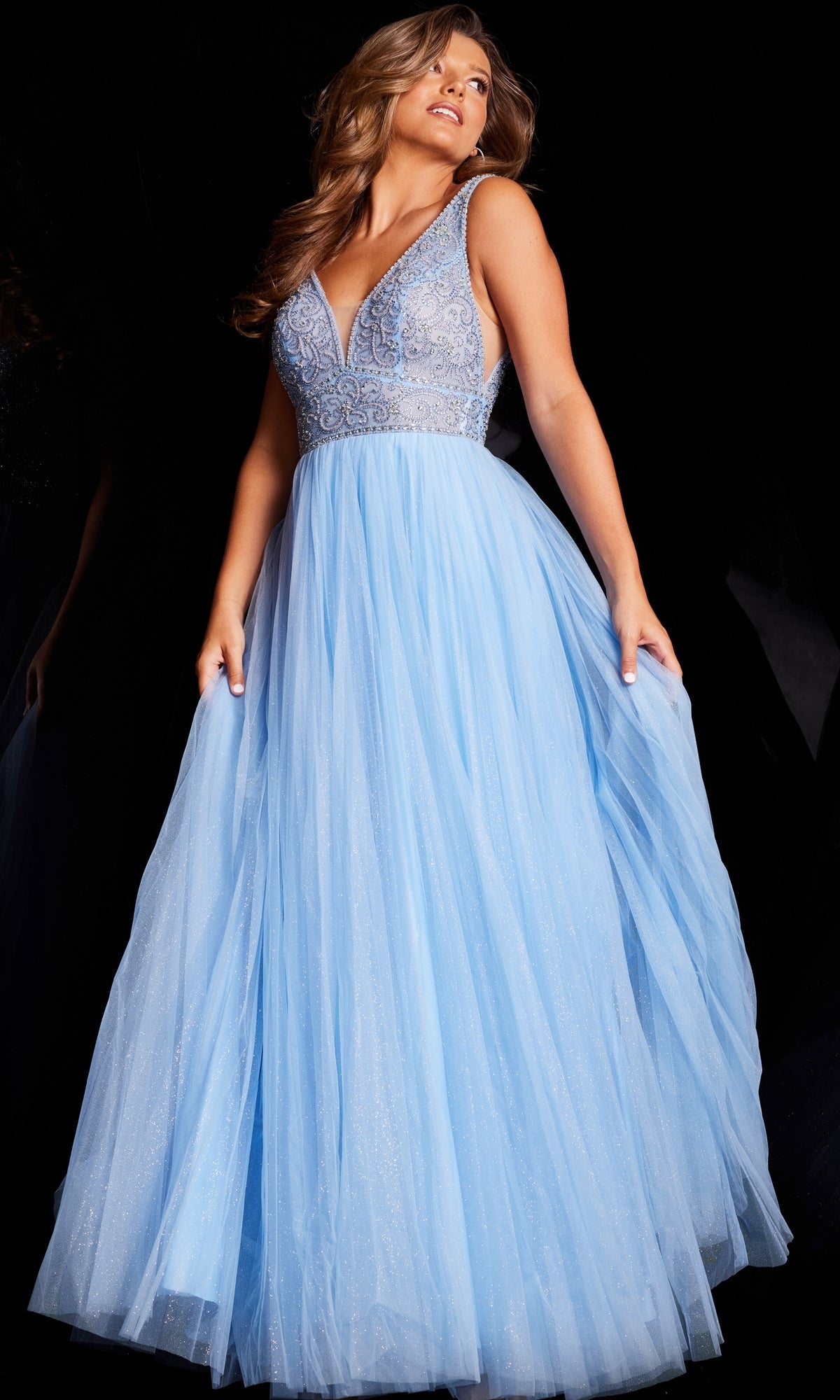 Glitter-Pleated Long A-Line Prom Dress JVN05818