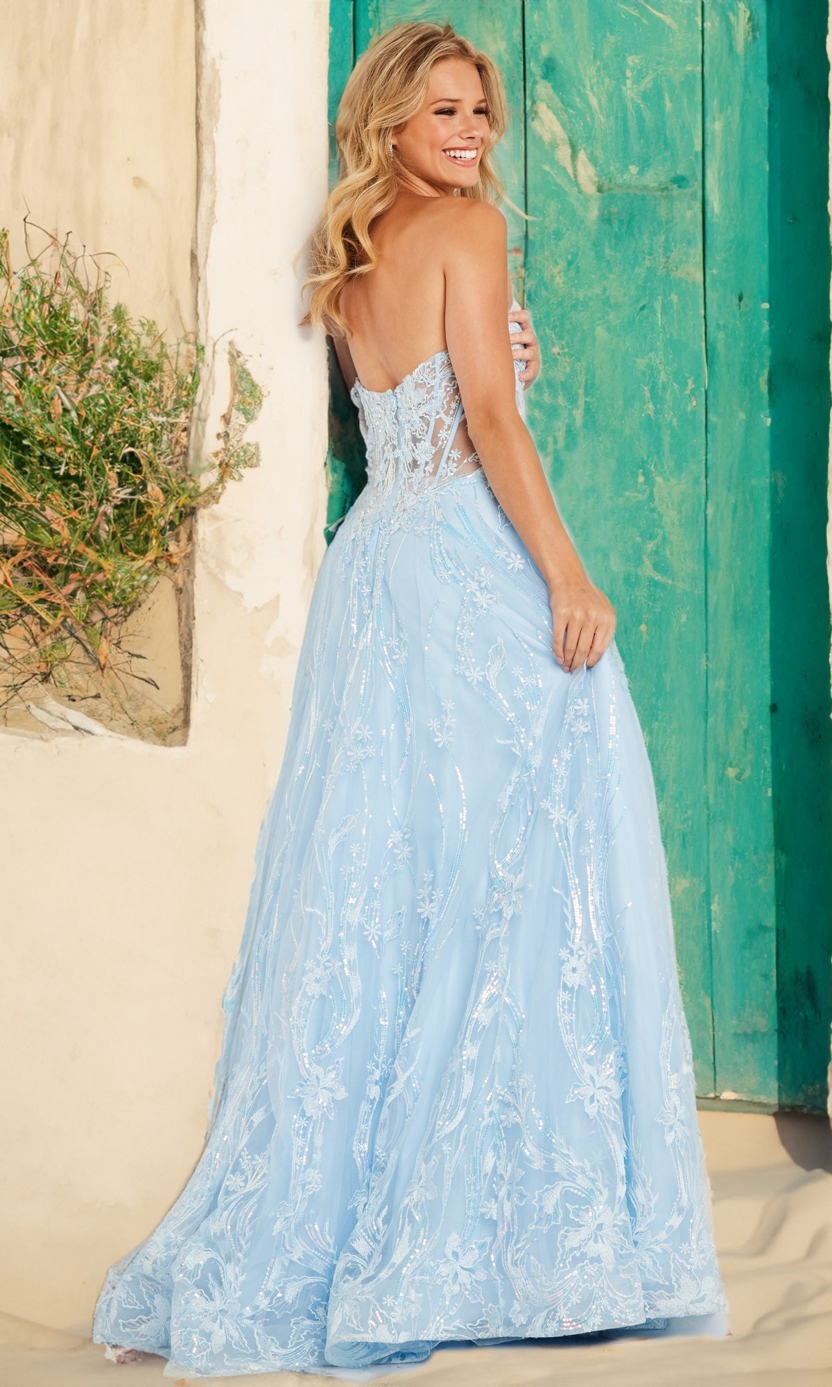 Sheer-Corset Strapless Long Prom Dress JVN12254