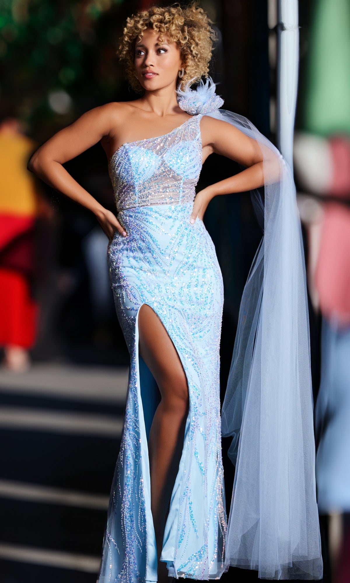One-Shoulder Sequin-Print Prom Dress JVN39382