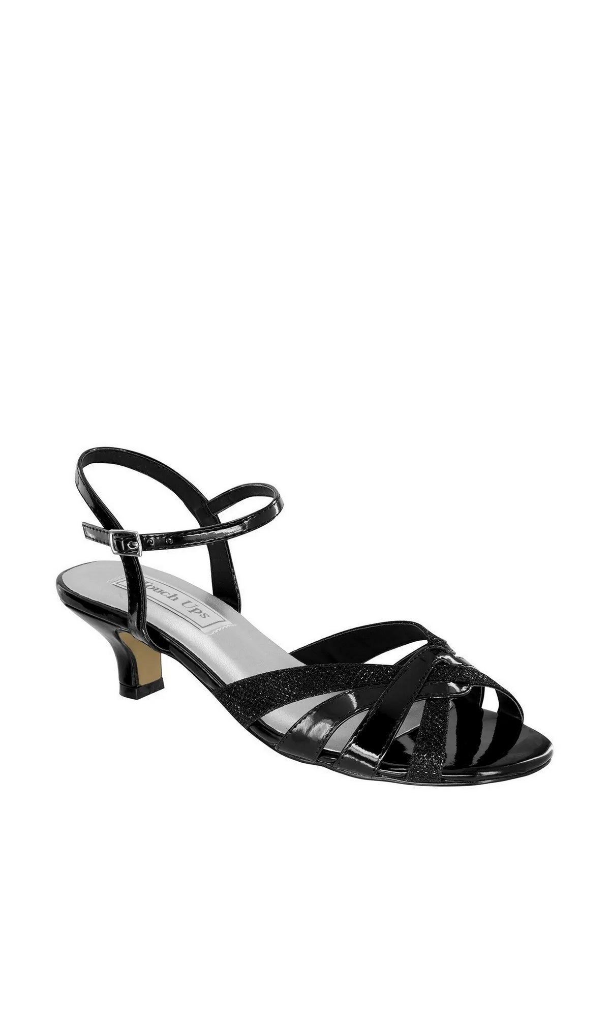 Jane Black Low Heel Prom Shoes: Touch Ups 4274 are black patent low-heeled sandals with an ankle strap and crisscross front straps.