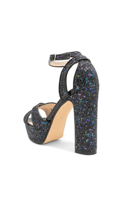 Jemma Black Platform Prom Shoes: Touch Ups 4704 in black glitter with a platform, high heel, and ankle strap.