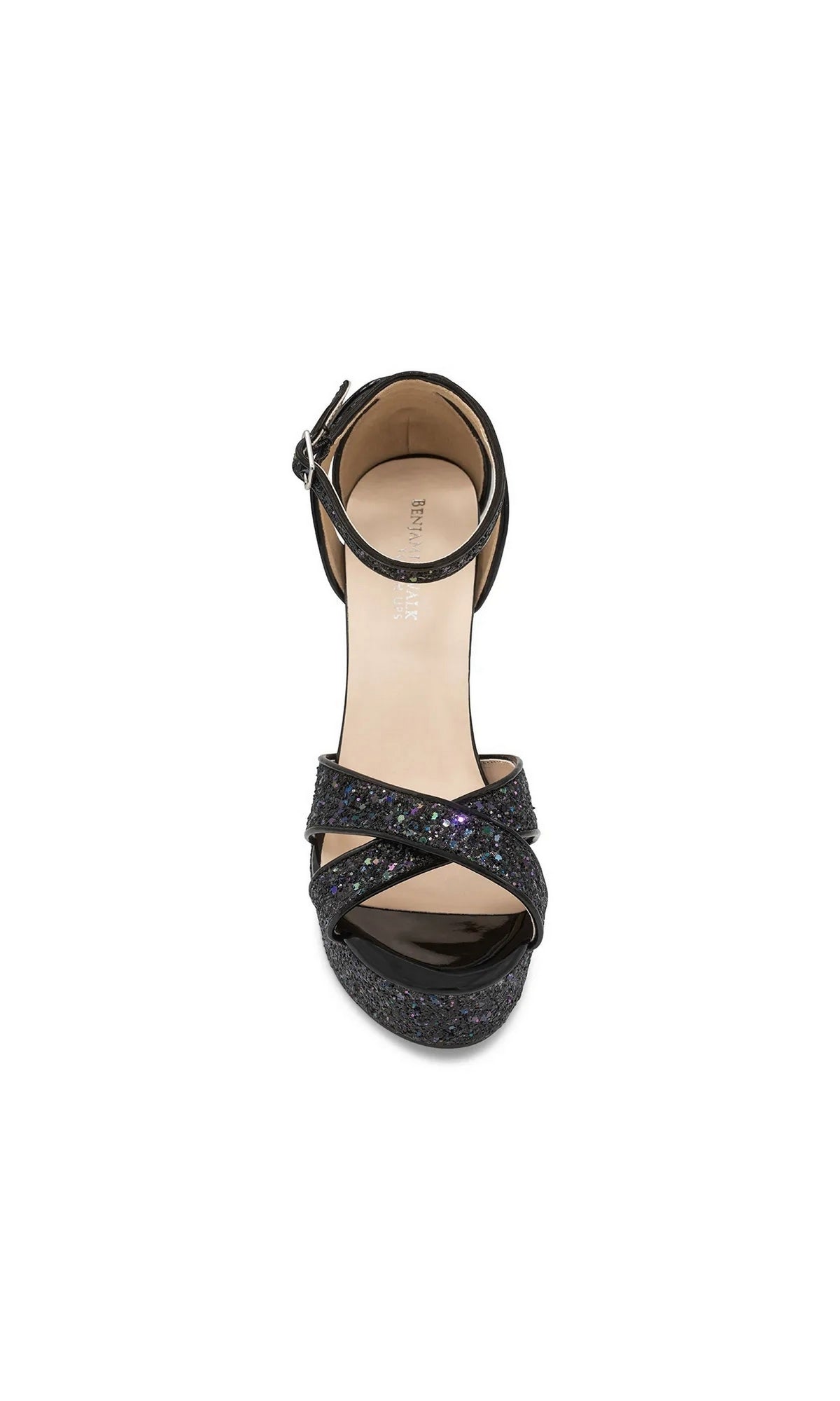 Jemma Black Platform Prom Shoes: Touch Ups 4704, featuring black glittery platform high heels with a crisscross strap design and an ankle strap.