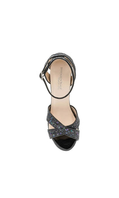 Jemma Black Platform Prom Shoes: Touch Ups 4704, a black glittery platform sandal with a crisscross strap and ankle buckle.