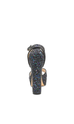 Back view of Jemma Black Platform Prom Shoes: Touch Ups 4704, designed as black glitter platform high-heeled sandals with an ankle strap.