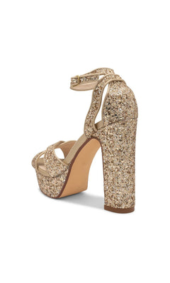 Jemma Champagne Prom Shoes: Touch Ups 4703, featuring gold glitter, a platform sole, a high block heel, and an ankle strap.