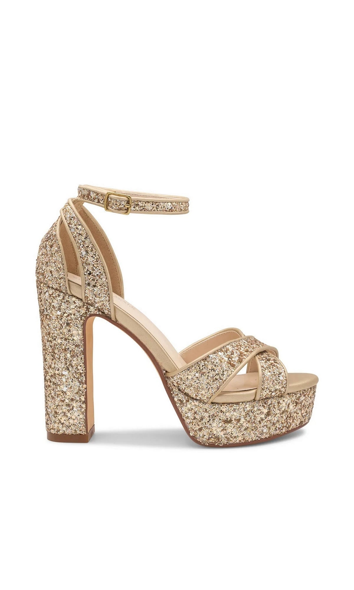 Jemma Champagne Prom Shoes: Touch Ups 4703 gold glitter platform high-heel sandal with an ankle strap.