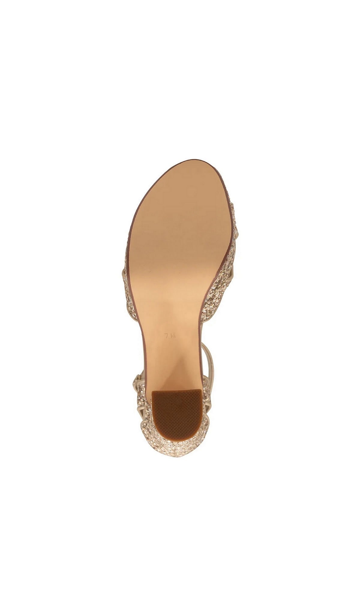 Bottom view of Jemma Champagne Prom Shoes: Touch Ups 4703 gold glitter heels with a smooth sole.