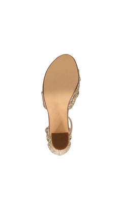 Bottom view of Jemma Champagne Prom Shoes: Touch Ups 4703 gold glitter heels with a smooth sole.