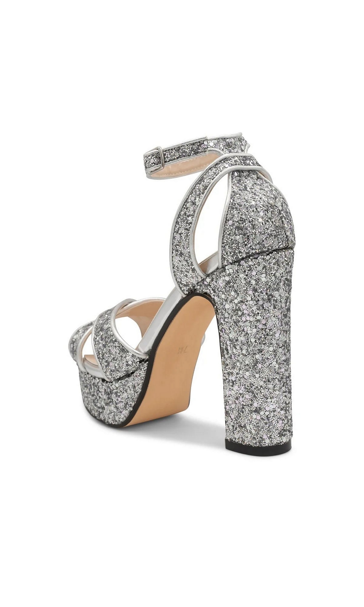 Jemma Silver Platform Prom Shoes: Touch Ups 4702 are silver glitter platform sandals with an ankle strap and high block heel, perfect as sparkly prom shoes.