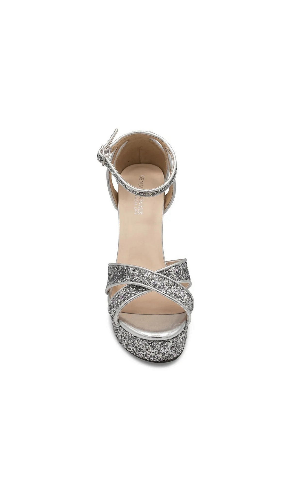Jemma Silver Platform Prom Shoes: Touch Ups 4702 are silver glitter block heel platform sandals with an ankle strap, perfect as sparkly prom shoes.