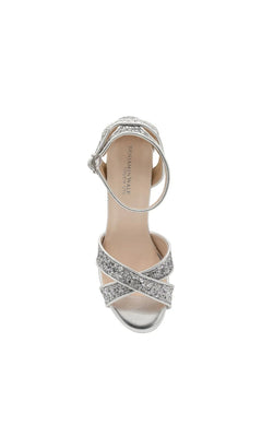 Jemma Silver Platform Prom Shoes: Touch Ups 4702 silver glitter block heels with a crisscross strap and ankle buckle.