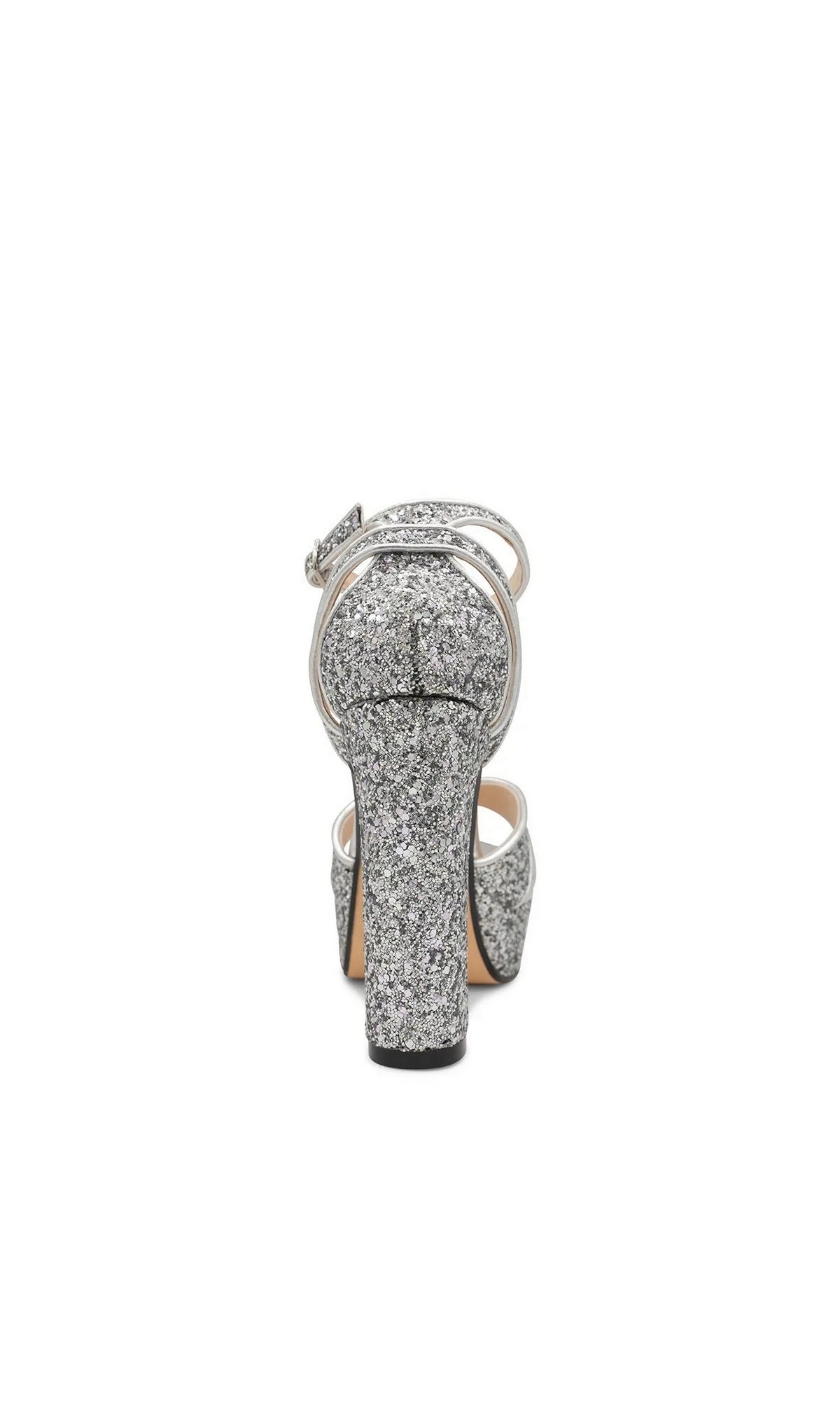 Back view of Jemma Silver Platform Prom Shoes: Touch Ups 4702, a silver glitter block heel sandal with an ankle strap.