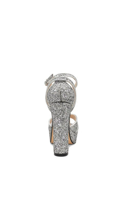 Back view of Jemma Silver Platform Prom Shoes: Touch Ups 4702, a silver glitter block heel sandal with an ankle strap.
