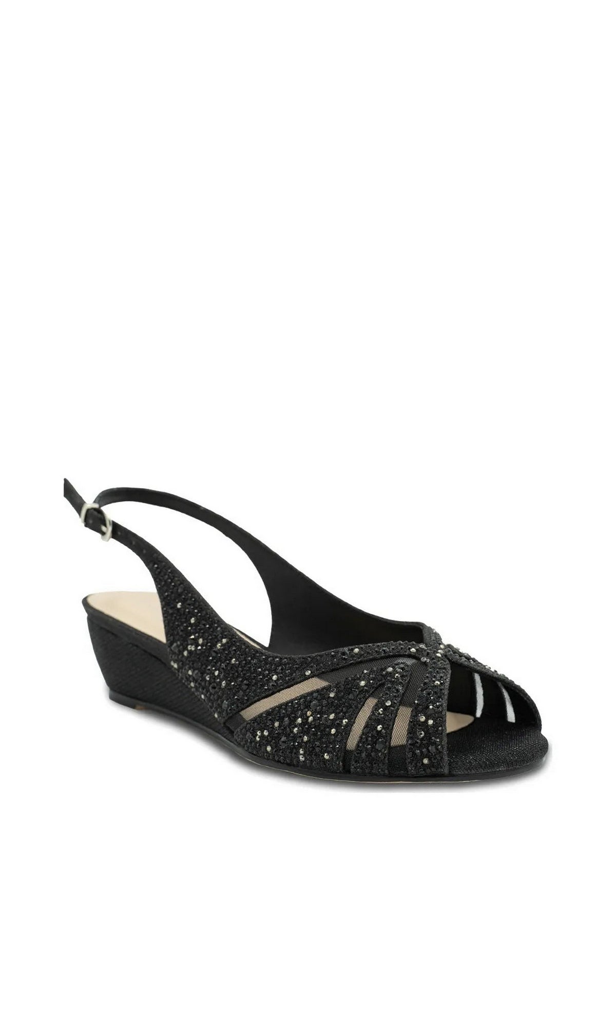 Jocelyn Black Prom Shoes: Paradox London P2406 black glitter slingback wedge featuring a crystal-embellished peep-toe and buckled strap.
