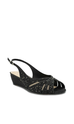 Jocelyn Black Prom Shoes: Paradox London P2406 black glitter slingback wedge featuring a crystal-embellished peep-toe and buckled strap.