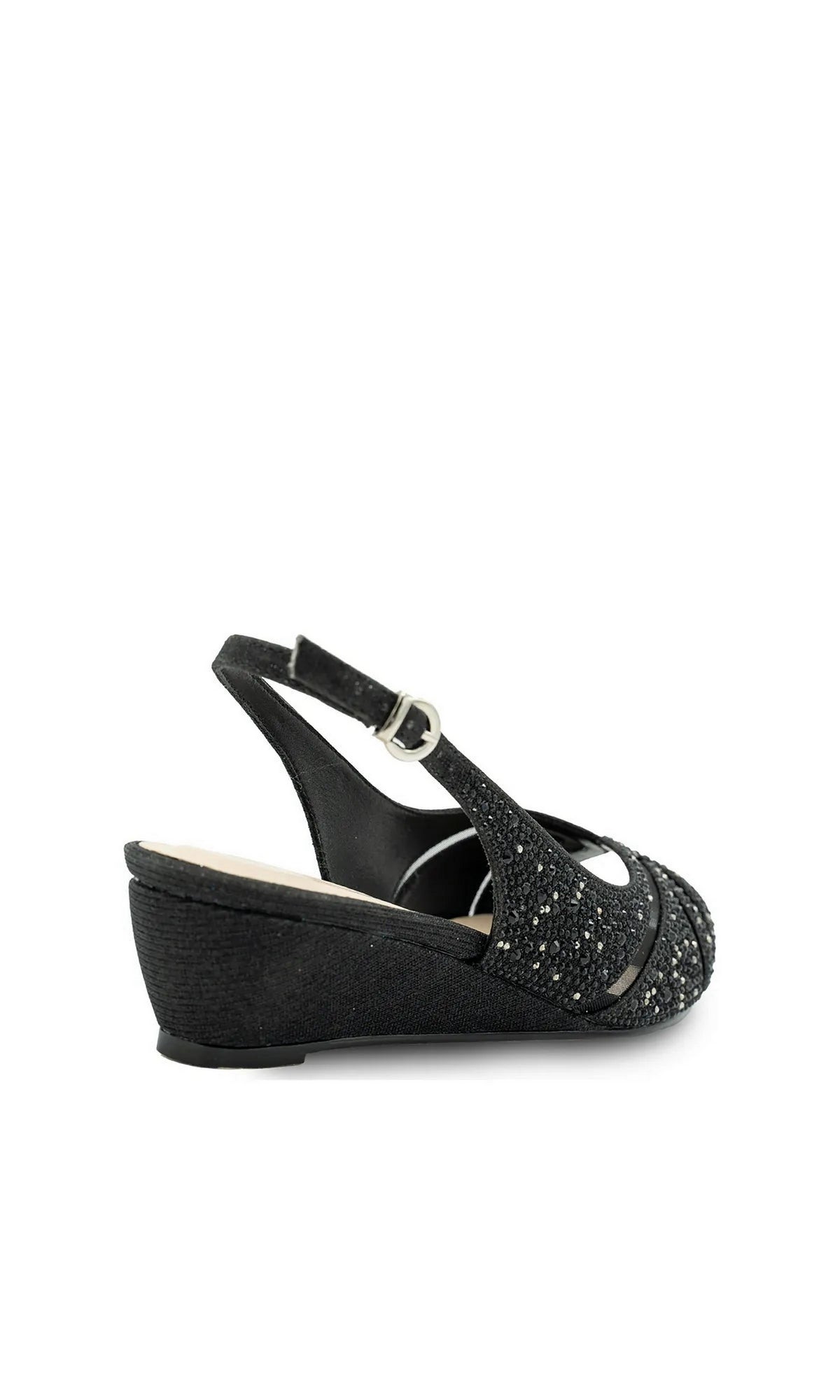 Jocelyn Black Prom Shoes: Paradox London P2406 black glitter wedge slingback shoe with rhinestone embellishments on the toe strap.